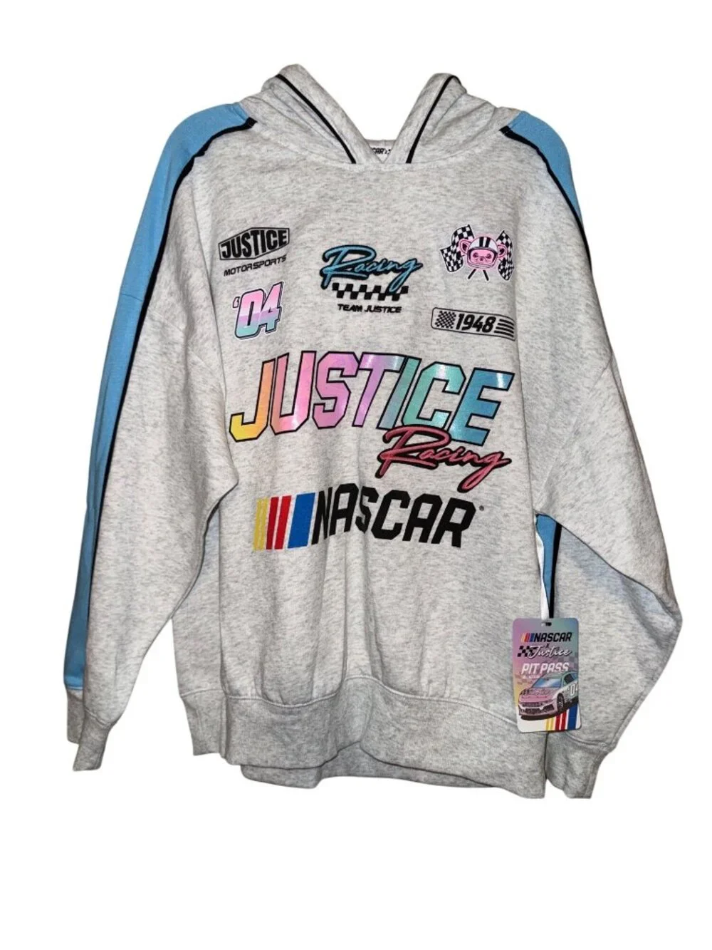 NASCAR X Justice Youth Hoodie Racing Graphics Size L 12-14 Gray & Blue Cotton Bl